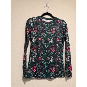 Kari Traa Floral Long Sleeve Athletic Poinsettia Top Women's S Dark Green Pink